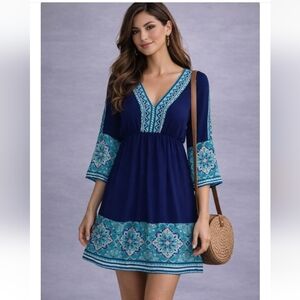 As U Wish Boho V-Neck Dress Blue & Teal Print | Size Small